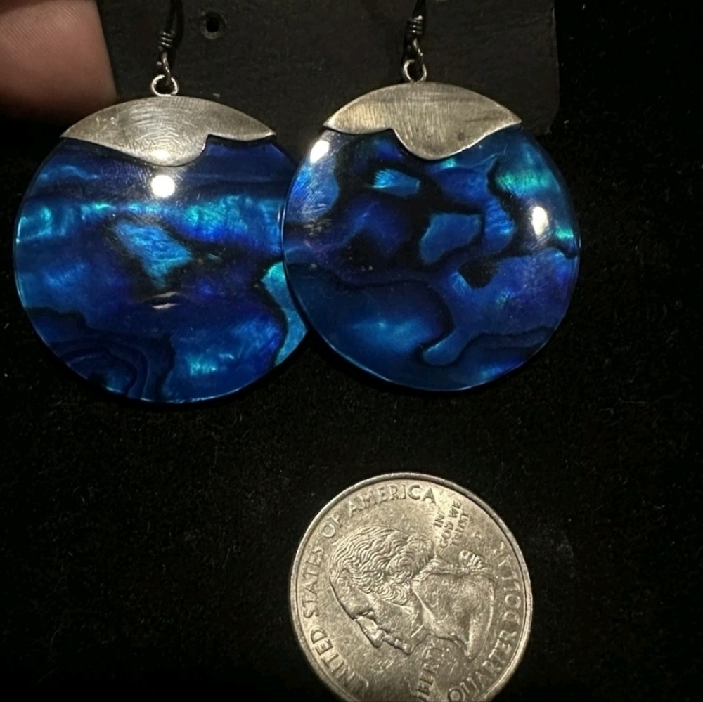 Artisan 925 Sterling Silver Abalone Blue Round Disk Shell Round Dangle Earrings - Picture 4 of 4